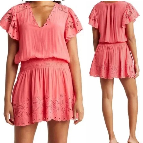 Ramy Brook Dress Mini Sz L Rochelle Style PunchPink ColorEmbroidery Sleeve/Skirt - Picture 4 of 8